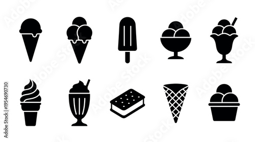 A set of diverse black silhouette icons depicting various frozen treats including cones, cups, popsicles, and sandwiches on a clean white background.
