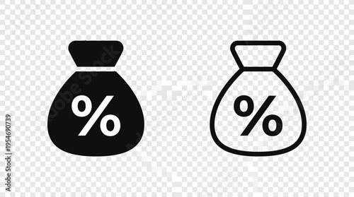 Minimalist money bag with percentage icons, solid and outline styles, symbolizing interest rates, savings, discounts, financial percentages.