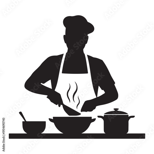 A black silhouette depicts a chef stirring food in a bowl with steam rising silhouette