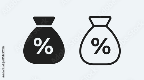 Minimalist money bag with percentage icons, solid and outline styles, symbolizing interest rates, savings, discounts, financial percentages.