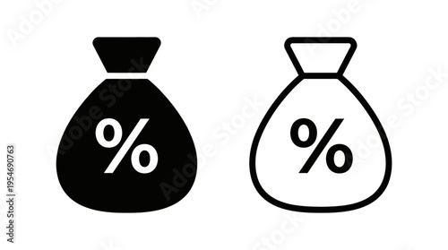 Minimalist money bag with percentage icons, solid and outline styles, symbolizing interest rates, savings, discounts, financial percentages.