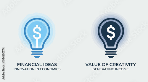 Minimalist light bulb with dollar sign icons, solid blue styles, symbolizing financial ideas, economic innovation, creative value, income generation.
