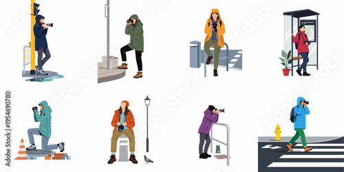 A collection of female street photographers capturing urban moments in diverse city environments, depicted in a flat vector illustration style.