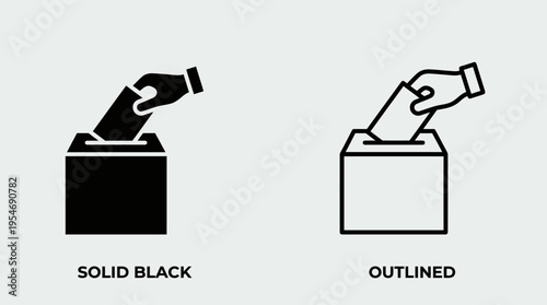 Minimalist ballot box with hand icons, solid and outline styles, symbolizing elections, democracy, civic participation, rights, freedom, choice.
