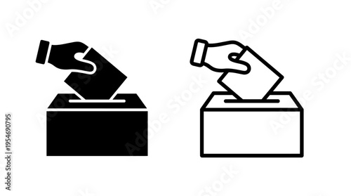 Minimalist ballot box with hand icons, solid and outline styles, symbolizing elections, democracy, civic duty, participation, freedom, choice.