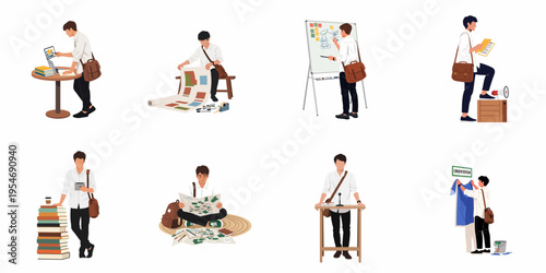 Illustration set of a young professional man in various work and study activities including planning, presenting, researching, and organizing tasks.