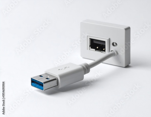 Close-up of a white USB cable connected to a white network wall socket, mounted on a stark white surface