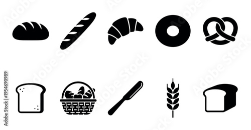 Collection of black and white flat icons representing various bakery items like bread, croissants, pretzels, and a basket of baked goods, suitable for food businesses.