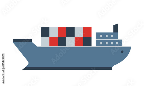 Colorful cargo ship with container. Flat boat transport icon. Sea deliver. Simply merchant symbol