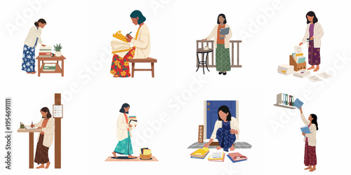 Set of flat illustrations featuring a woman in traditional attire performing various administrative tasks, organizing paperwork, and managing documents.