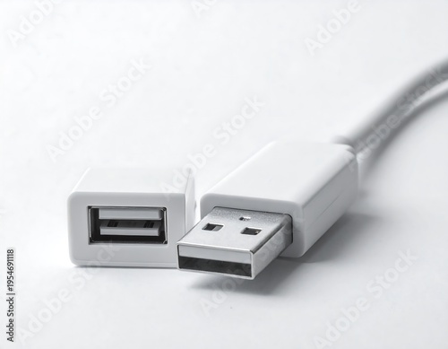 Close-up of a white USB hub and cable, against a plain white backdrop. The focus is on the connectors