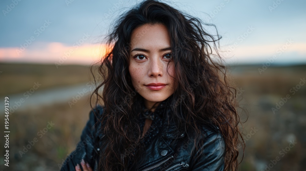 Fototapeta premium A close-up portrait of a woman with curly hair in a natural landscape, capturing her confidence and connection to the environment in soft evening light.