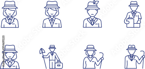 Diverse icons of people in professional and travel attire with accessories