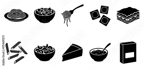 A collection of black and white silhouette icons representing various pasta types and dishes, ideal for food-related designs.