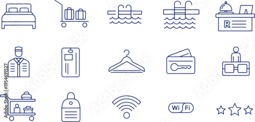 Icons representing common hotel and travel amenities and services