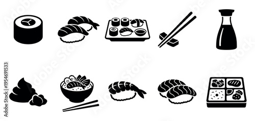 A collection of black and white vector icons representing various Japanese food items and accompaniments, perfect for culinary design projects.