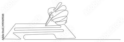Minimalist continuous line drawing of a hand writing on a document with pen