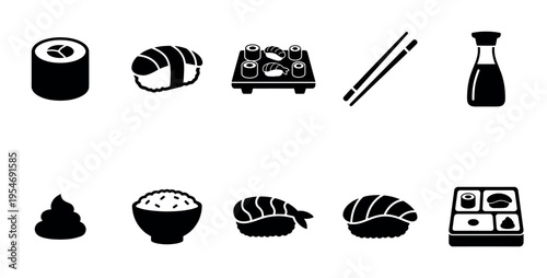 A collection of black and white icons representing various Japanese sushi dishes and related food items, perfect for culinary websites and menus.