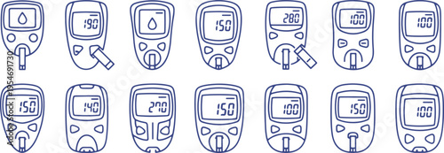 Collection of glucose meters displaying various blood sugar readings