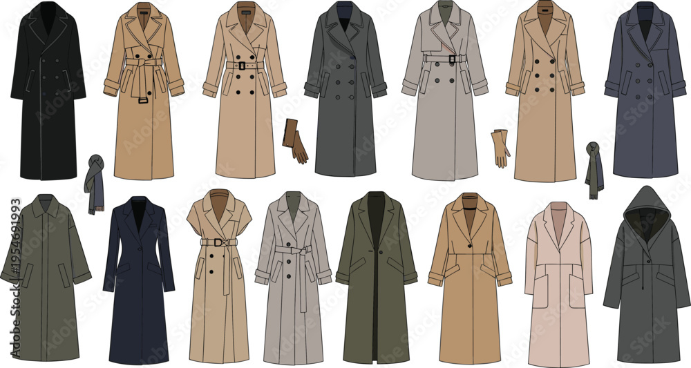 Εκτύπωση καμβά Elegant long coat collection with classic trench and overcoat styles in neutral