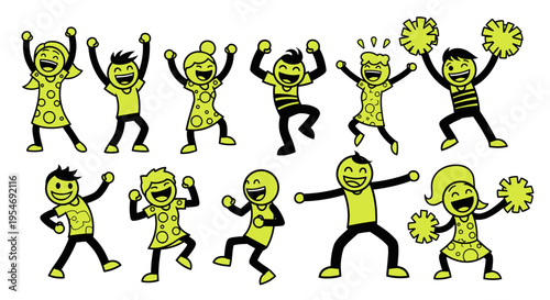 Happy Cartoon People Cheering and Dancing with Pom Poms