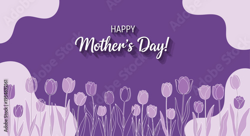 Happy Mother's Day Greeting Card with Purple Tulips Line Art on Abstract Background