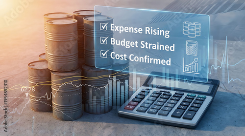 Financial struggle concept with stacked coins calculator and rising expense checklist on transparent screen.Strait of Hormuz is an important factor in the rise oil price Industry
