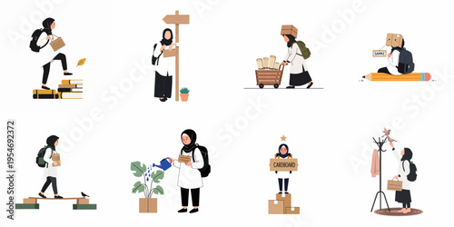 Collection of flat vector illustrations depicting a young Muslim girl student engaged in creative, educational, and symbolic activities throughout her journey.