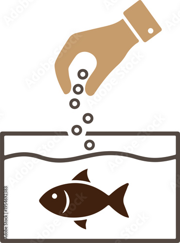 A hand sprinkles food pellets into a rectangular aquarium containing a single fish