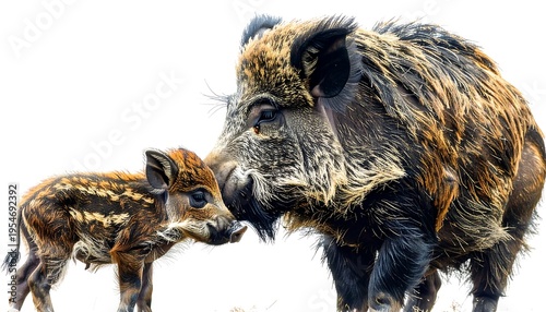 Close-up of a wild boar and its young, both facing each other with an intimate gaze, set against a plain white background