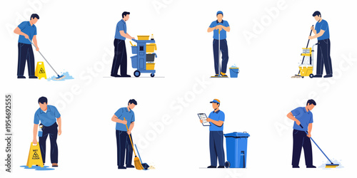 Collection of professional male cleaner characters in blue uniform performing various cleaning tasks like mopping, sweeping, and trash removal in flat vector style.