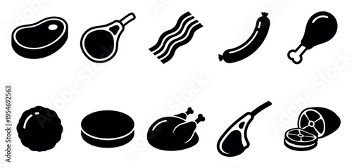 A collection of simple black icons representing various meats like steak, chop, bacon, sausage, and chicken, useful for food concepts.