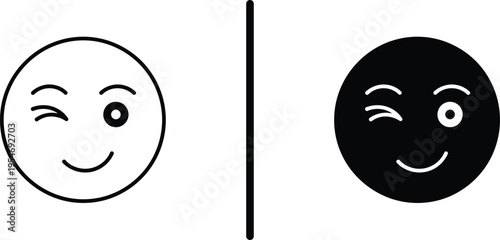 A smiling face icon with a winking expression on a white and black background