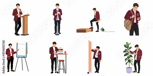 Vector set of flat illustrations featuring a young man in various academic and professional scenarios, including presenting, studying, and public speaking.