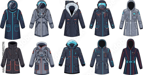 Futuristic jackets collection with high tech outerwear designs isolated on white background sci fi fashion vector illustration set
