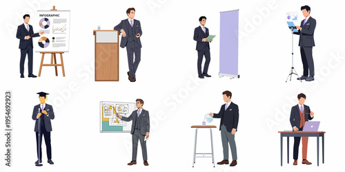 Set of professional businessman illustrations in various corporate scenarios including presentations, speeches, and office work, isolated on a white background.