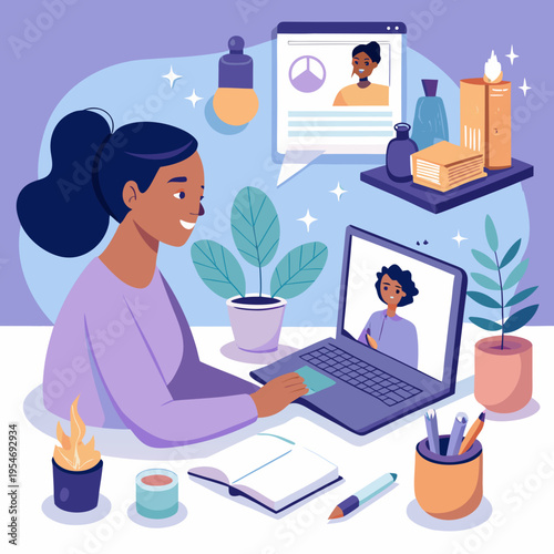 Woman engaged in online learning with laptop and various study materials