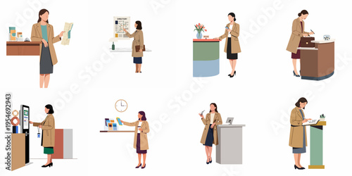 Vector set of professional women in trench coats at various reception desks, using digital kiosks, signing guest registries, and checking building directories.