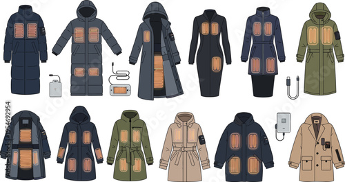 Heated jackets collection with built in warming elements isolated on white background winter clothing vector illustration set
