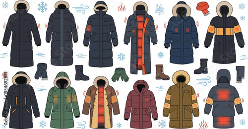 Heated winter jackets collection with thermal coats and cold weather gear flat vector illustration set