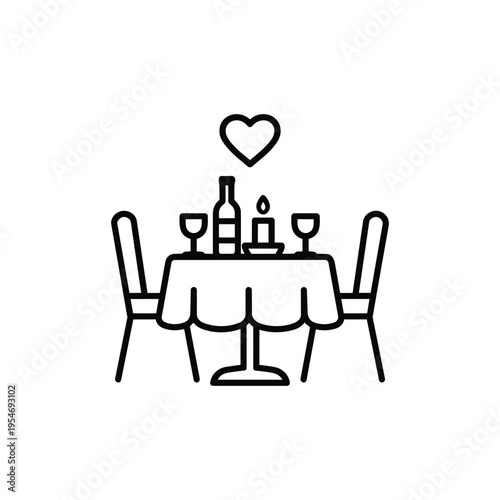 Romantic wedding dinner line icon candlelight table with wine and heart black and white vector illustration