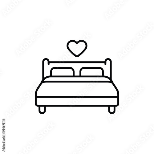 Marriage bed line icon black and white honeymoon hotel room love heart symbol romantic relationship vector illustration