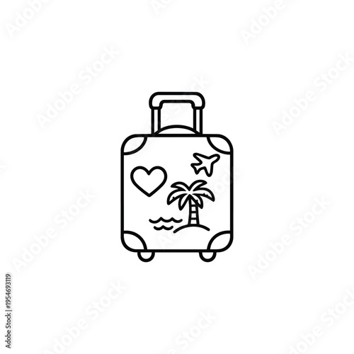 Honeymoon suitcase line icon romantic travel luggage with heart tropical island and airplane black and white vector for marriage vacation