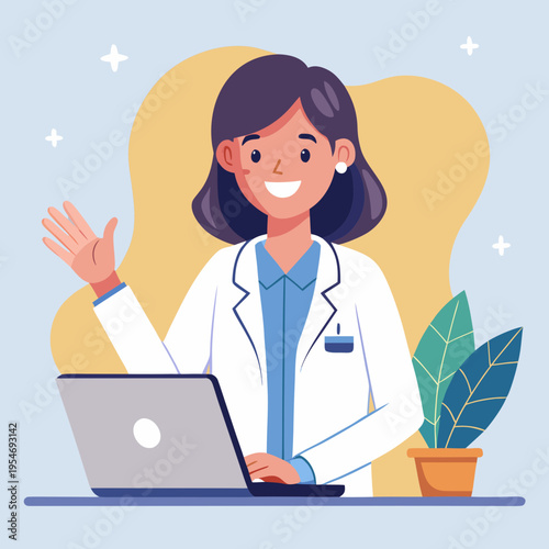Female doctor waving at laptop with plant on desk