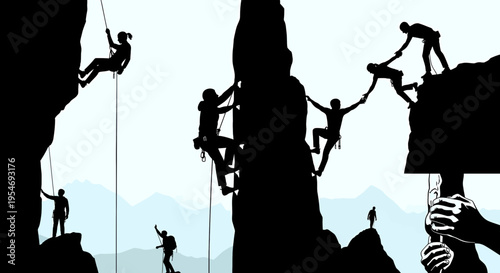 Silhouettes of adventurous rock climbers scaling steep mountain cliffs during a sunny outdoor day