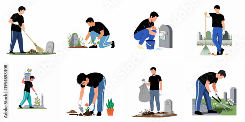 Set of illustrations showing a man cleaning and maintaining graves in a cemetery, performing tasks like sweeping, weeding, and planting flowers.