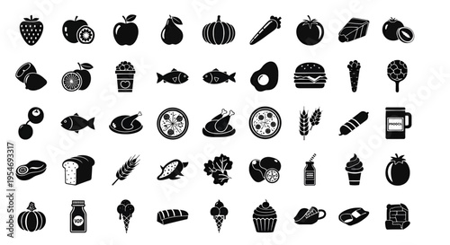 Collection of various food and beverage black silhouette icons for culinary menu design elements