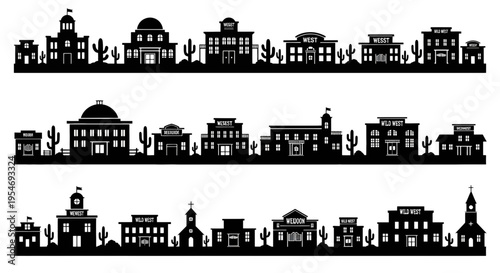 A collection of three horizontal silhouette designs featuring old wild west style town buildings