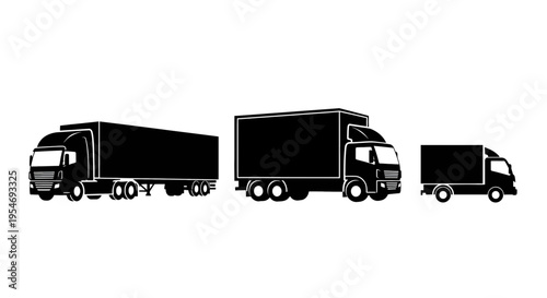 A set of three different types of black silhouette delivery trucks for logistics and transport use