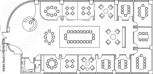 Executive office suite floor plan vector illustration featuring multiple private meeting rooms large boardroom and curved reception area.